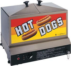 Hot dog steamer machine with a colorful sign reading "HOT DOGS" and images of two hot dogs on the front.